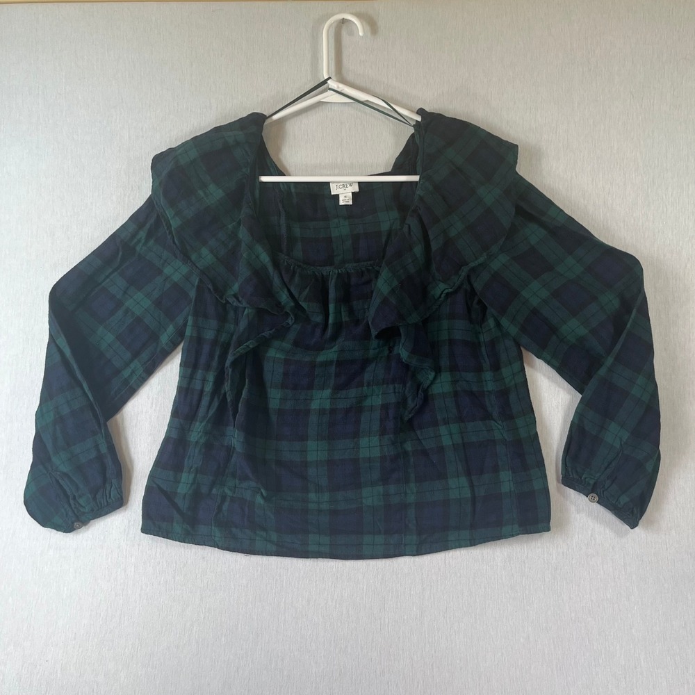 J Crew Top Women S Plaid Ruffle Square Neck Cotton Blouse Green Navy Cute